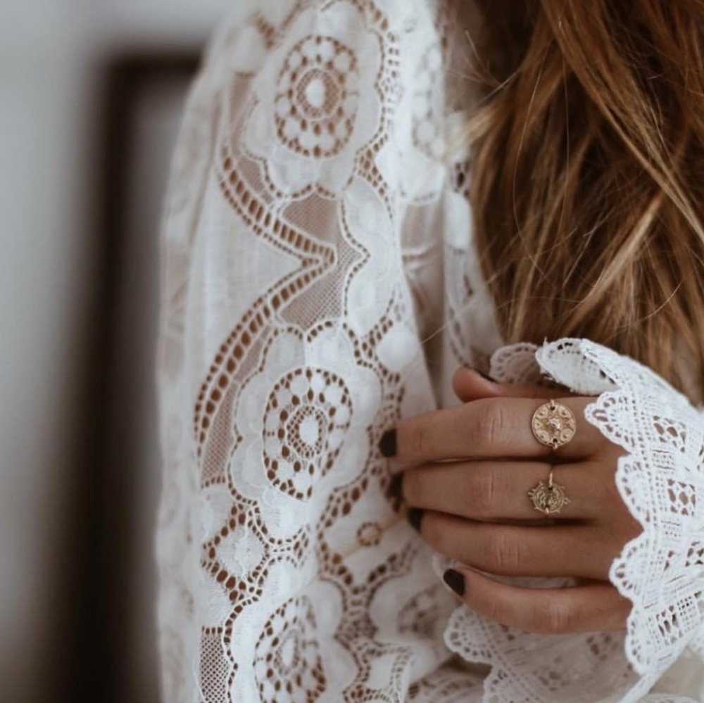Boho White Lace Top Long Sleeve White Retro Vintage - Picture 7 of 10